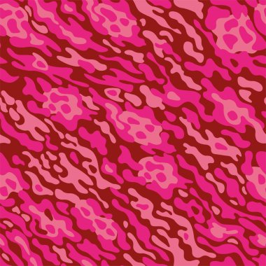 Mükemmel hayvanın kusursuz deseni, kamuflaj deseni. Parlak çizgiler, kırmızı ve pembe benekler koyu kırmızı arka planda rastgele sıralanmış.