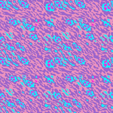 Mükemmel hayvanın kusursuz deseni, kamuflaj deseni. Parlak çizgiler, noktalar ve mor noktalar, pembe, neon mavisi pembe arka planda rastgele sıralanmış.
