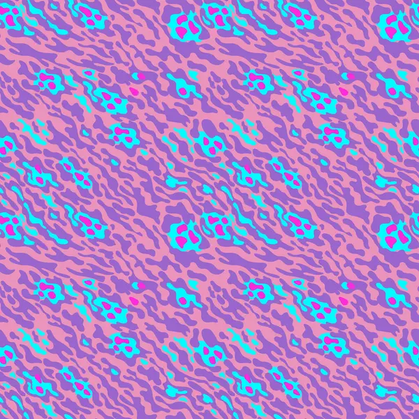 Mükemmel hayvanın kusursuz deseni, kamuflaj deseni. Parlak çizgiler, noktalar ve mor noktalar, pembe, neon mavisi pembe arka planda rastgele sıralanmış.