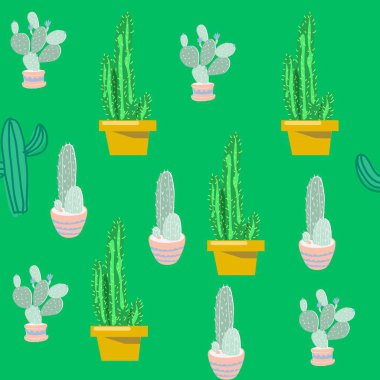  - Seamless pattern with cactuses in pots on red background