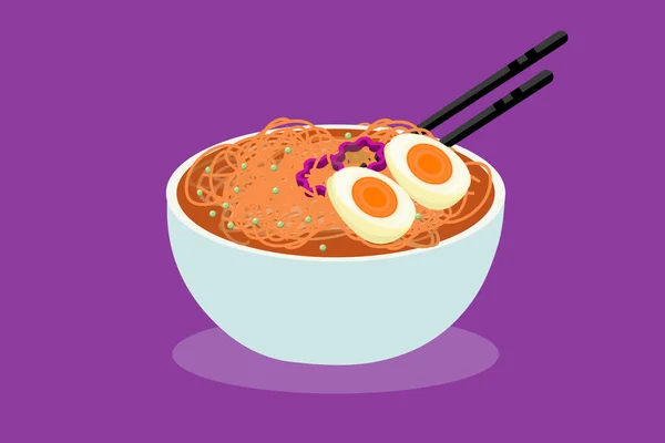 Asian Noodles Set Bowls Soup Eggs — Stock Vector