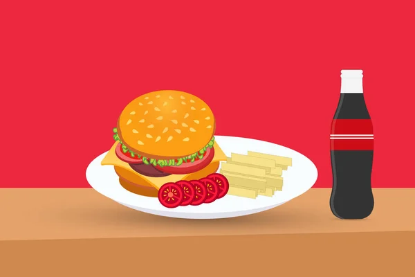 Fast Food Burger Mit Chips Und Cola Red Hintergrund Vektor — Stockvektor