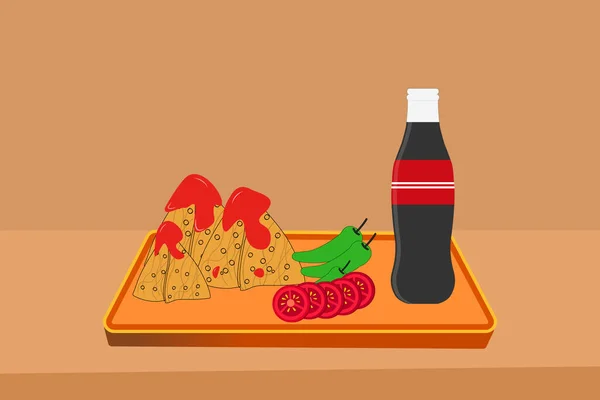Samosa Dengan Saus Tomat Dan Lada Dengan Coke Fas Gambar - Stok Vektor