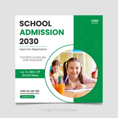 Yeşil renk vektör şablonu tasarımlı okul giriş sosyal medya iletisi.