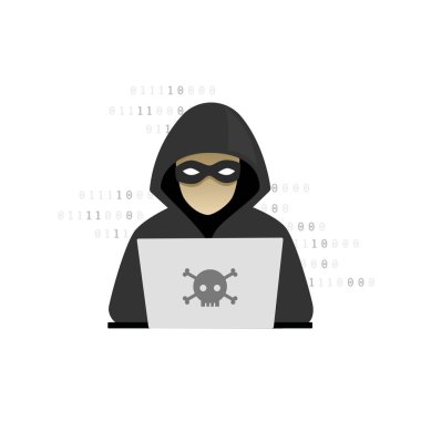 Anonymous Criminal Hacker Cyber Security Attack On Binary Code Background. Network, Internet. Vector illustration.