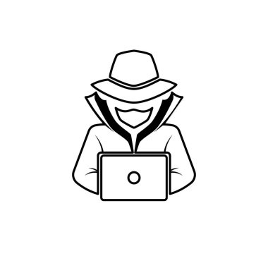 An agent with a laptop. Spy Agent, Secret Agent, Hacker. Cyber security. Vector illustration.