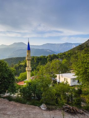 Bulutlu mavi gökyüzü olan bir ormanda cami kulesi.