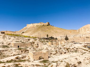 Dry Arid desert landscape under the clear blue sky in a hot summer day. Desert landscape