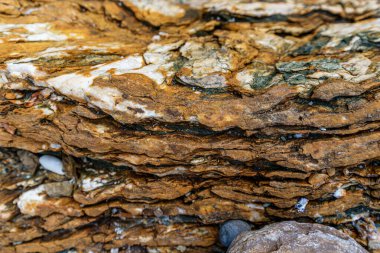 Doğal bir ortamda bulunan, jeolojik süreçleri ve toprak dokularını aydınlatan tortulu kayaların karmaşık katmanlarını gösteren detaylı yakın plan görüntüler..