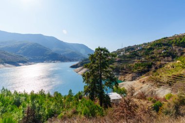 Güzel doğal manzara ormanlık tepeleri çevreleyen huzurlu bir gölü ve arka planda bir camiyi gösteriyor.