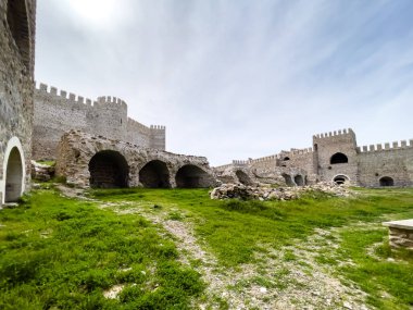 Karmaşık mimarisi olan taş kale, yeşil alanlarla çevrili.