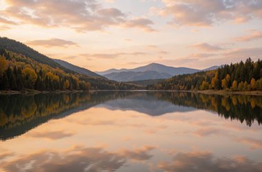 Ağaçlar ve dağlarla dolu güzel sonbahar manzarası