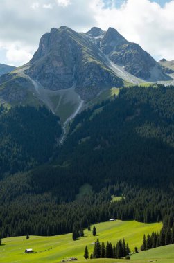 Dağlı yeşil bir çayır ve bulutlu bir gökyüzü manzarası.