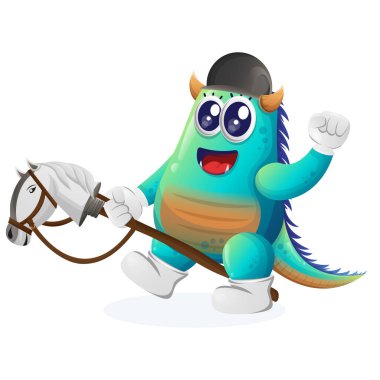 Cute blue monster playing with toy horse. Perfect for kids, small business or e-Commerce, merchandise and sticker, banner promotion, blog or vlog channe clipart