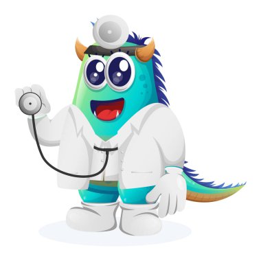 Stetoskop tutan sevimli mavi canavar doktor. Çocuklar için mükemmel, küçük işletme veya e-ticaret, mal ve çıkartma, pankart tanıtımı, blog veya vlog channe