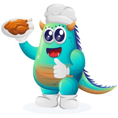 Şirin mavi canavar, yemek servisi yapan şef. Çocuklar için mükemmel, küçük işletme veya e-ticaret, mal ve çıkartma, pankart tanıtımı, blog veya vlog channe