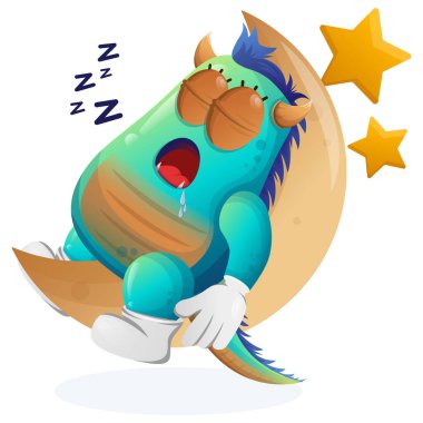 Ay 'da uyuyan sevimli mavi canavar. Çocuklar için mükemmel, küçük işletme veya e-ticaret, mal ve çıkartma, pankart tanıtımı, blog veya vlog channe