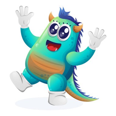 Şirin mavi canavar şakacı ve mutlu. Çocuklar için mükemmel, küçük işletme veya e-ticaret, mal ve çıkartma, pankart tanıtımı, blog veya vlog channe