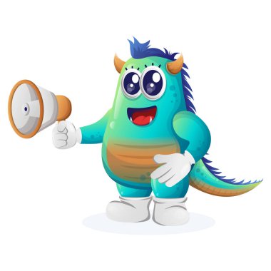 Elinde megafon tutan sevimli mavi canavar. Çocuklar için mükemmel, küçük işletme veya e-ticaret, mal ve çıkartma, pankart tanıtımı, blog veya vlog channe