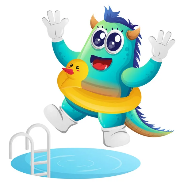 stock vector Cute blue monster swimming with wearing rubber duck tube. Perfect for kids, small business or e-Commerce, merchandise and sticker, banner promotion, blog or vlog channe