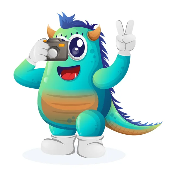 可爱的蓝色怪物用相机拍照 适合儿童 小企业或电子商务 商品和贴纸 横幅促销 博客或Vlog Channe — 图库矢量图片