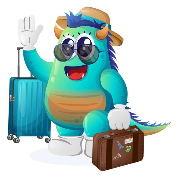 Tatilde bavul taşıyan sevimli mavi canavar. Çocuklar için mükemmel, küçük işletme veya e-ticaret, mal ve çıkartma, pankart tanıtımı, blog veya vlog channe