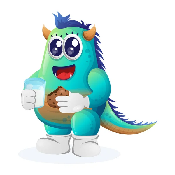可爱的蓝色怪物喝牛奶吃饼干 适合儿童 小企业或电子商务 商品和贴纸 横幅促销 博客或Vlog Channe — 图库矢量图片