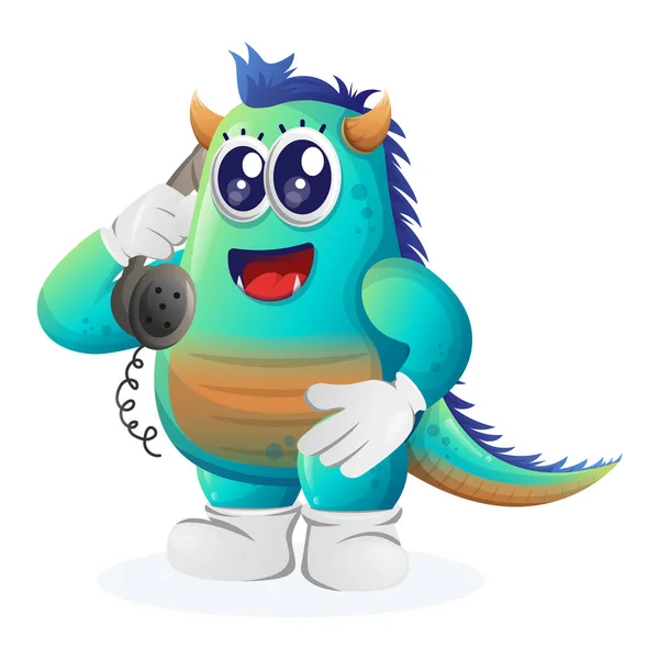 可爱的蓝色怪物拿起电话 接听电话 适合儿童 小企业或电子商务 商品和贴纸 横幅促销 博客或Vlog Channe — 图库矢量图片