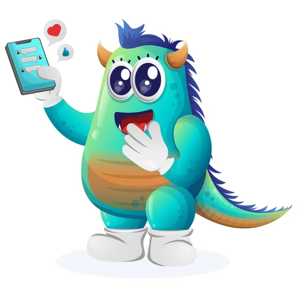 可爱的蓝色怪物拿着带有短信的手机 适合儿童 小企业或电子商务 商品和贴纸 横幅促销 博客或Vlog Channe — 图库矢量图片