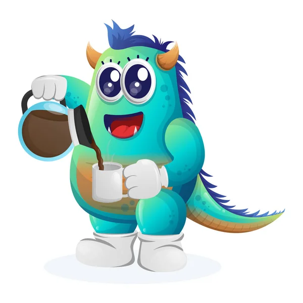 可爱的蓝色怪物喝咖啡 喝咖啡时间 适合儿童 小企业或电子商务 商品和贴纸 横幅促销 博客或Vlog Channe — 图库矢量图片
