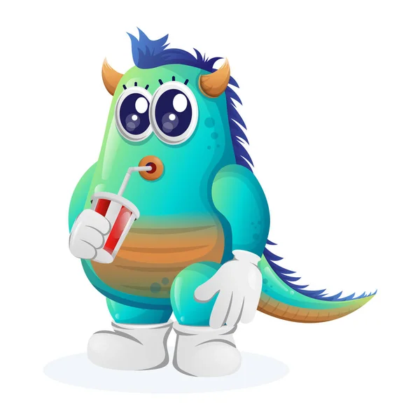 可爱的蓝色怪物喝苏打水可乐适合儿童 小企业或电子商务 商品和贴纸 横幅促销 博客或Vlog Channe — 图库矢量图片