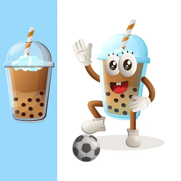 Roztomilý Maskot Bubble Tea Hraje Fotbal Fotbal Ideální Pro Obchod — Stockový vektor