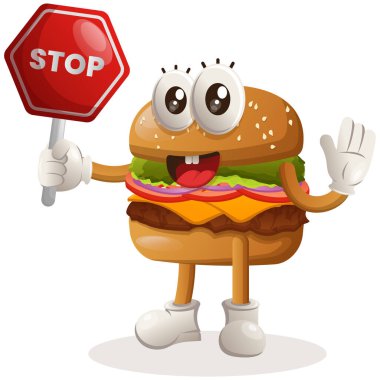 Şirin hamburger maskotu tasarımı dur işareti, sokak tabelası, yol tabelası