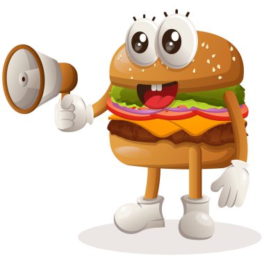 Şirin burger maskotu tasarımı megafon taşıyor.