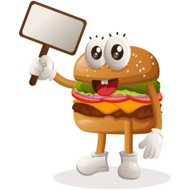 Şirin hamburger maskotu tasarımı satılık reklam panoları tutuyor.