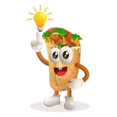 Şirin burrito maskotunun bir fikri var, ampul fikri, ilham. Gıda mağazası, küçük işletme veya e-ticaret, ürün ve çıkartma, pankart tanıtımı, yemek eleştiri blogu veya vlog channe için mükemmel