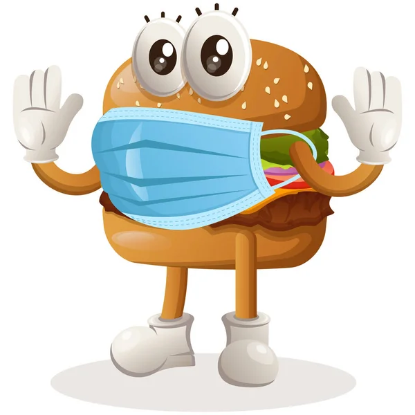 Conception Mascotte Hamburger Mignon Portant Masque Médical Protéger Covide — Image vectorielle