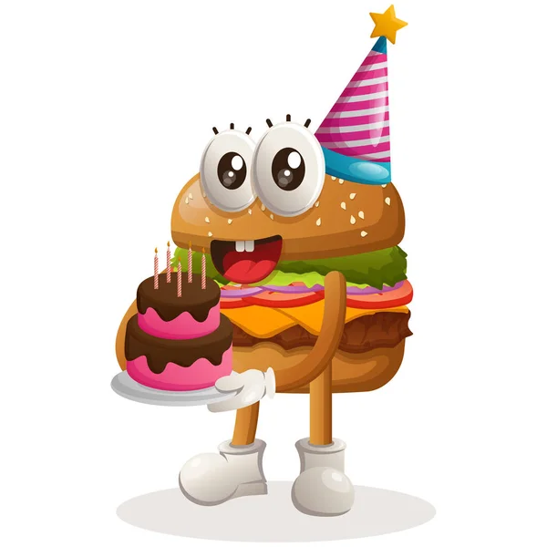 Lindo Diseño Mascota Hamburguesa Con Sombrero Cumpleaños Celebración Pastel Cumpleaños — Vector de stock