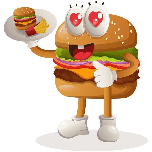 Roztomilý Burger Maskot Design Slouží Jídlo Číšníci — Stockový vektor
