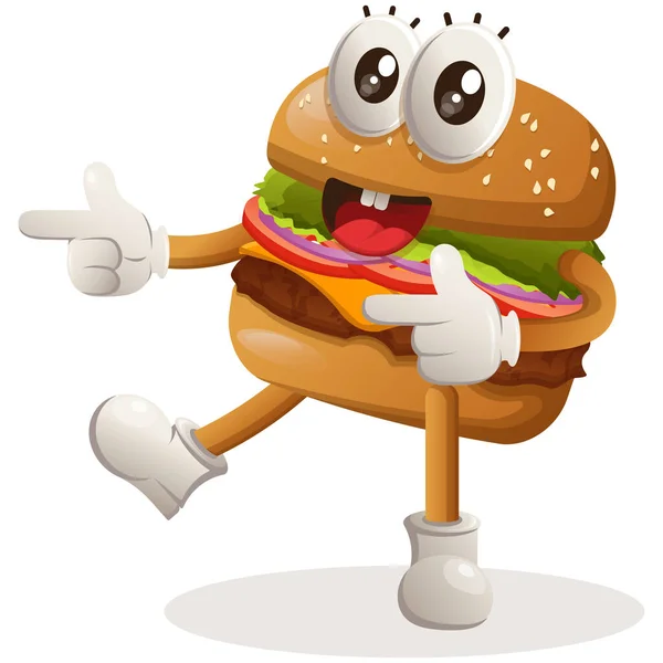 Χαριτωμένο Burger Σχεδιασμό Μασκότ Παιχνιδιάρικο Μυτερό Χέρι — Διανυσματικό Αρχείο