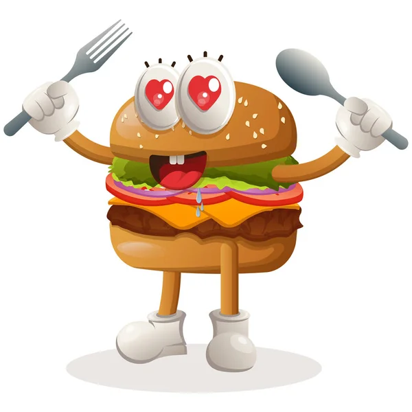 Mascotte Hamburger Design Mignon Tenant Cuillère Fourchette — Image vectorielle