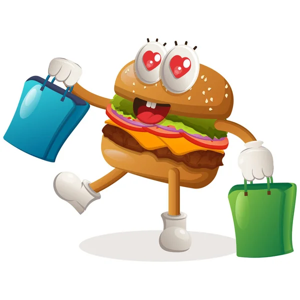 Mascotte Hamburger Mignon Design Heureux Shopping — Image vectorielle