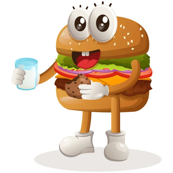 Mascotte Hamburger Mignon Design Boire Lait Manger Des Biscuits — Image vectorielle