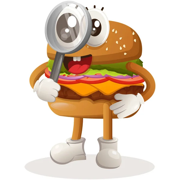 Conception Mascotte Hamburger Mignon Effectuant Des Recherches Tenant Une Loupe — Image vectorielle