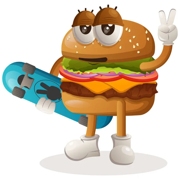 Cute Burger Mascot Design Carrying Skateboard — Stock Vector