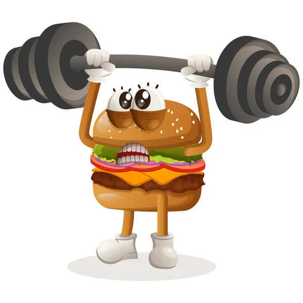 Cute Burger Maskotka Projekt Kulturystyka Sztangą Napinające Mięśnie — Wektor stockowy