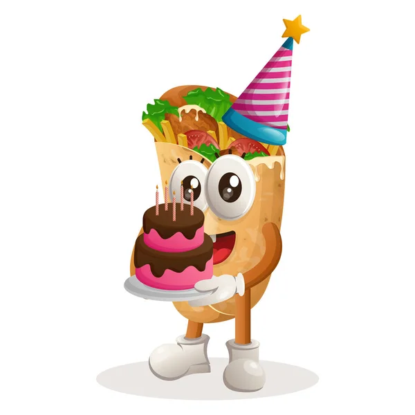 可爱的卷饼吉祥物 头戴生日帽 拿着生日蛋糕 适用于食品店 小企业或电子商务 商品和贴纸 横幅促销 食品评论博客或Vlog Channe — 图库矢量图片