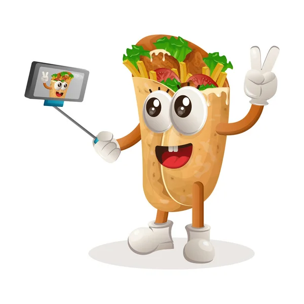 Mascote Burrito Bonito Leva Uma Selfie Com Smartphone Perfeito Para — Vetor de Stock