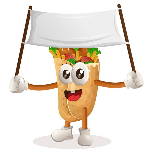 Cute burrito mascot holding blank banner. Perfect for food store, small business or e-Commerce, merchandise and sticker, banner promotion, food review blog or vlog channe