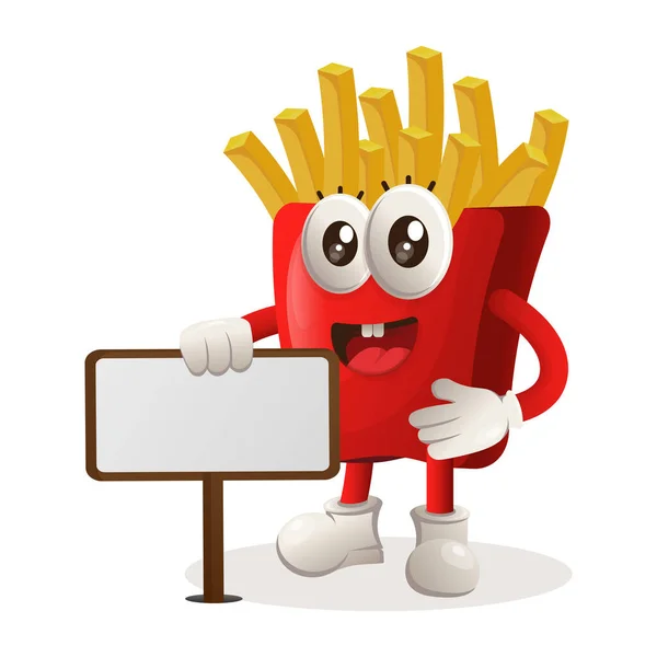 Cute French Fries Mascot Standing Next Billboard Perfect Food Store — Stock Vector